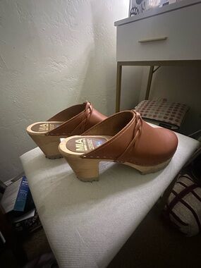 MIA Brown Braided Leather Clog Heels
